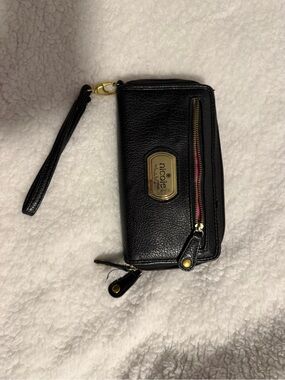 Nicole Miller Black Faux Leather Wristlet with Gold Plaque